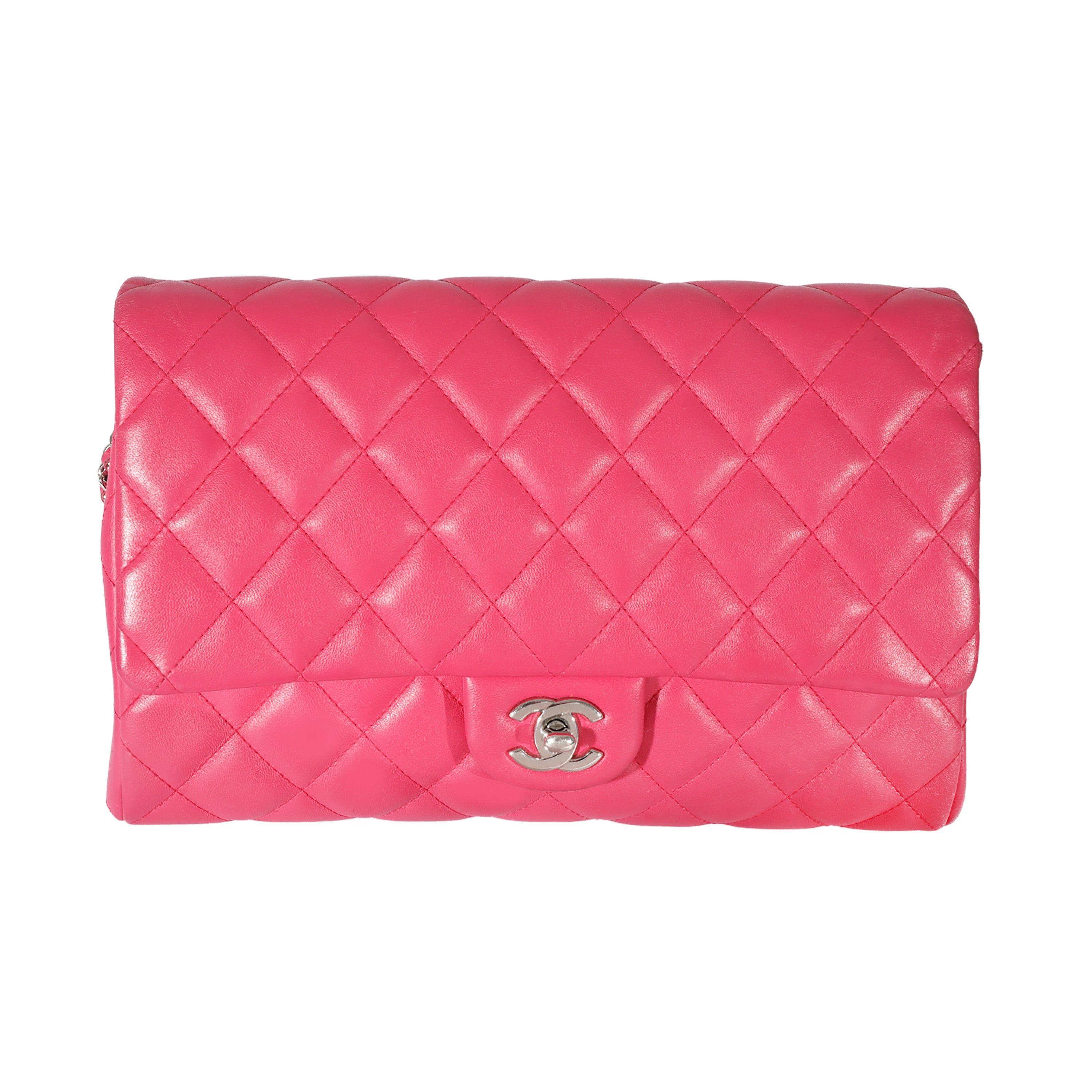 Chanel Pink Lambskin Classic Flap Clutch With Chain