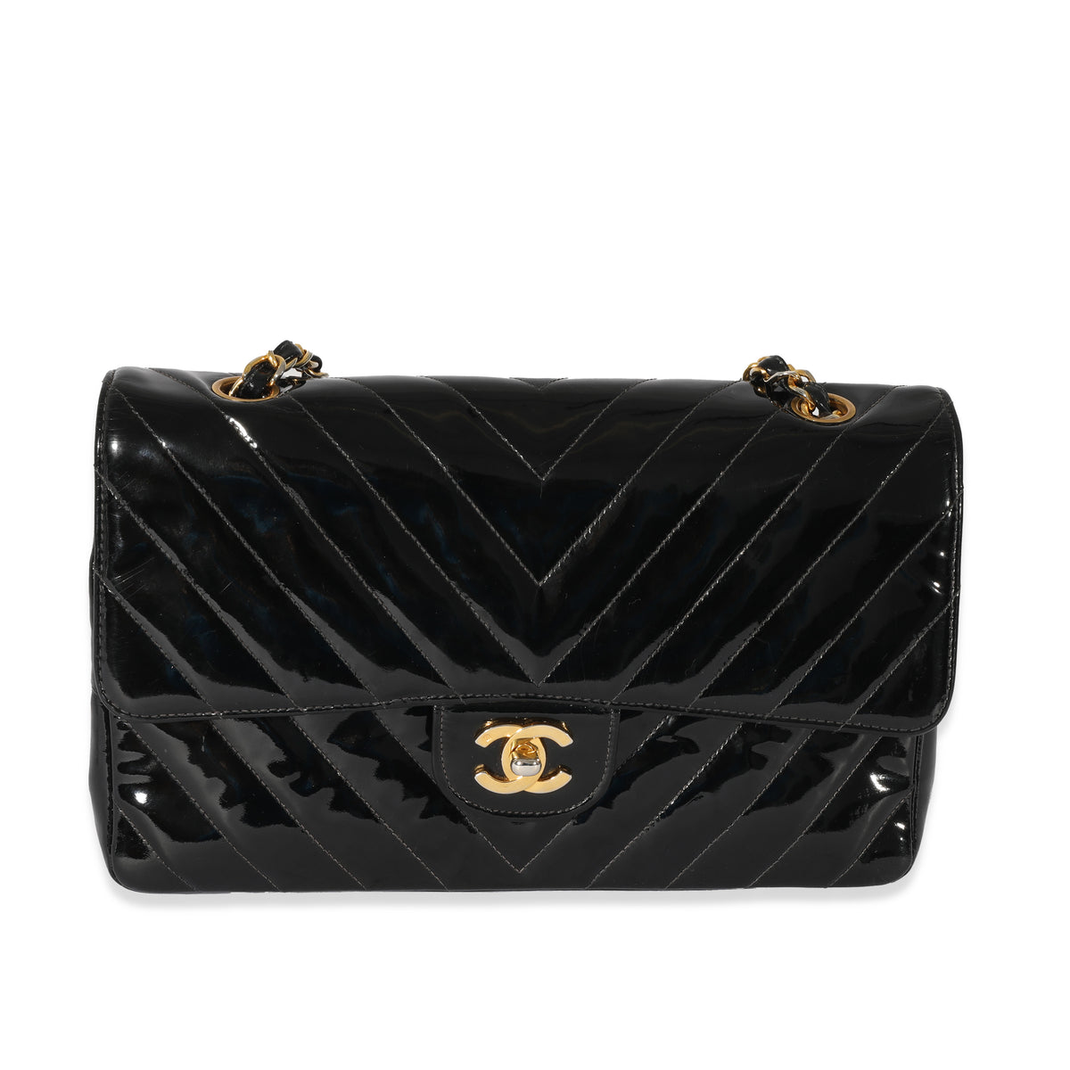 Chanel Vintage Black Patent Chevron Medium Flap Bag