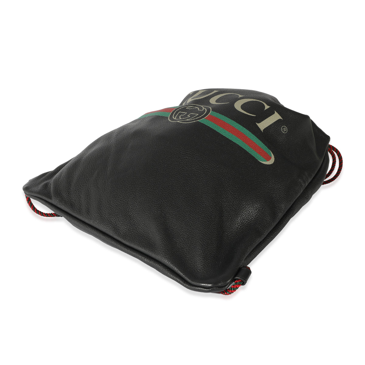 Gucci Black Leather Logo Drawstring Backpack