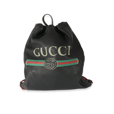 Gucci Black Leather Logo Drawstring Backpack