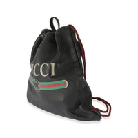 Gucci Black Leather Logo Drawstring Backpack