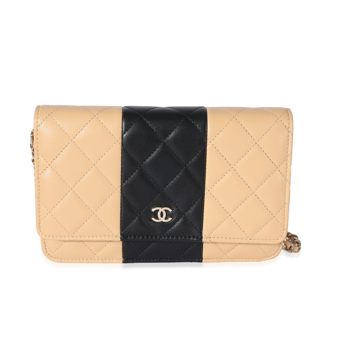 Chanel 22C Beige Black Lambskin Wallet On Chain