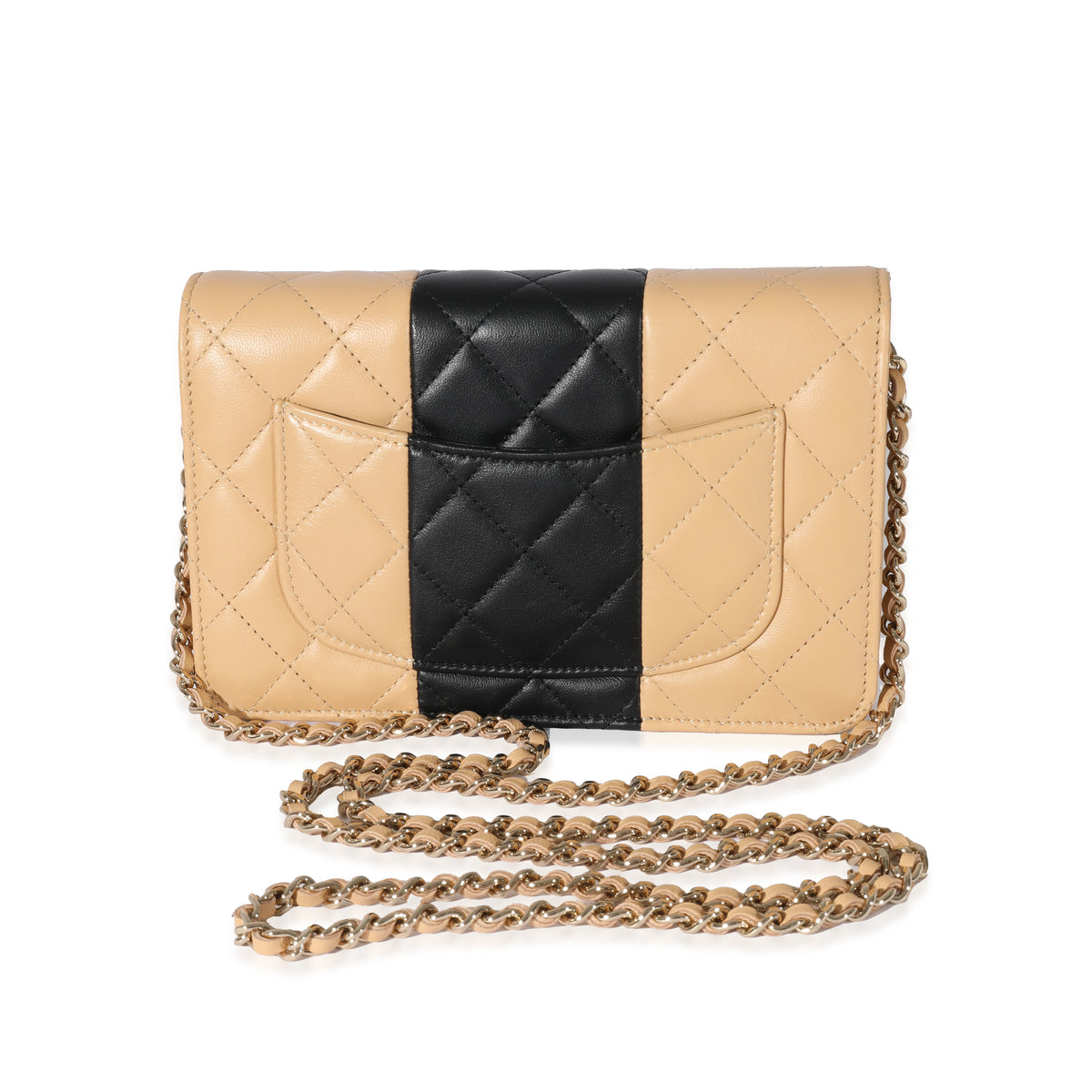 Chanel 22C Beige Black Lambskin Wallet On Chain