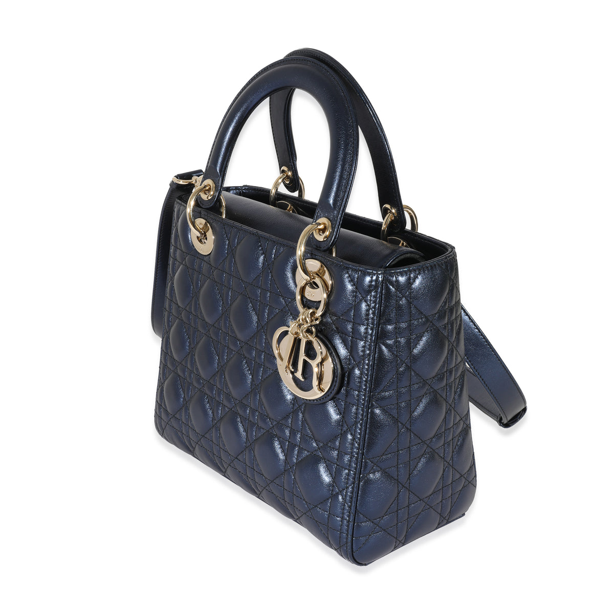 Dior Metallic Blue Cannage Quilted Lambskin Medium Lady Dior Bag