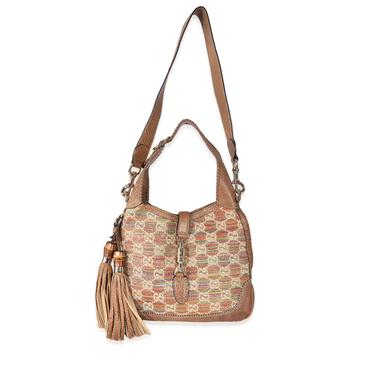 Gucci Brown Leather Multicolour Raffia Guccissima Medium New Jackie