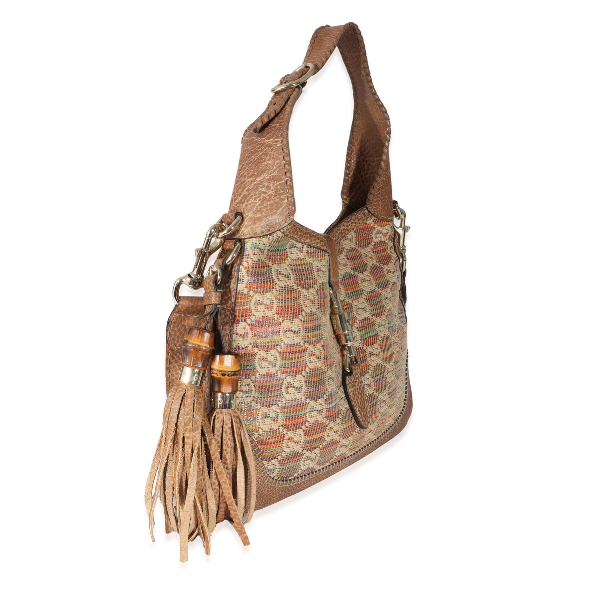 Gucci Brown Leather Multicolour Raffia Guccissima Medium New Jackie