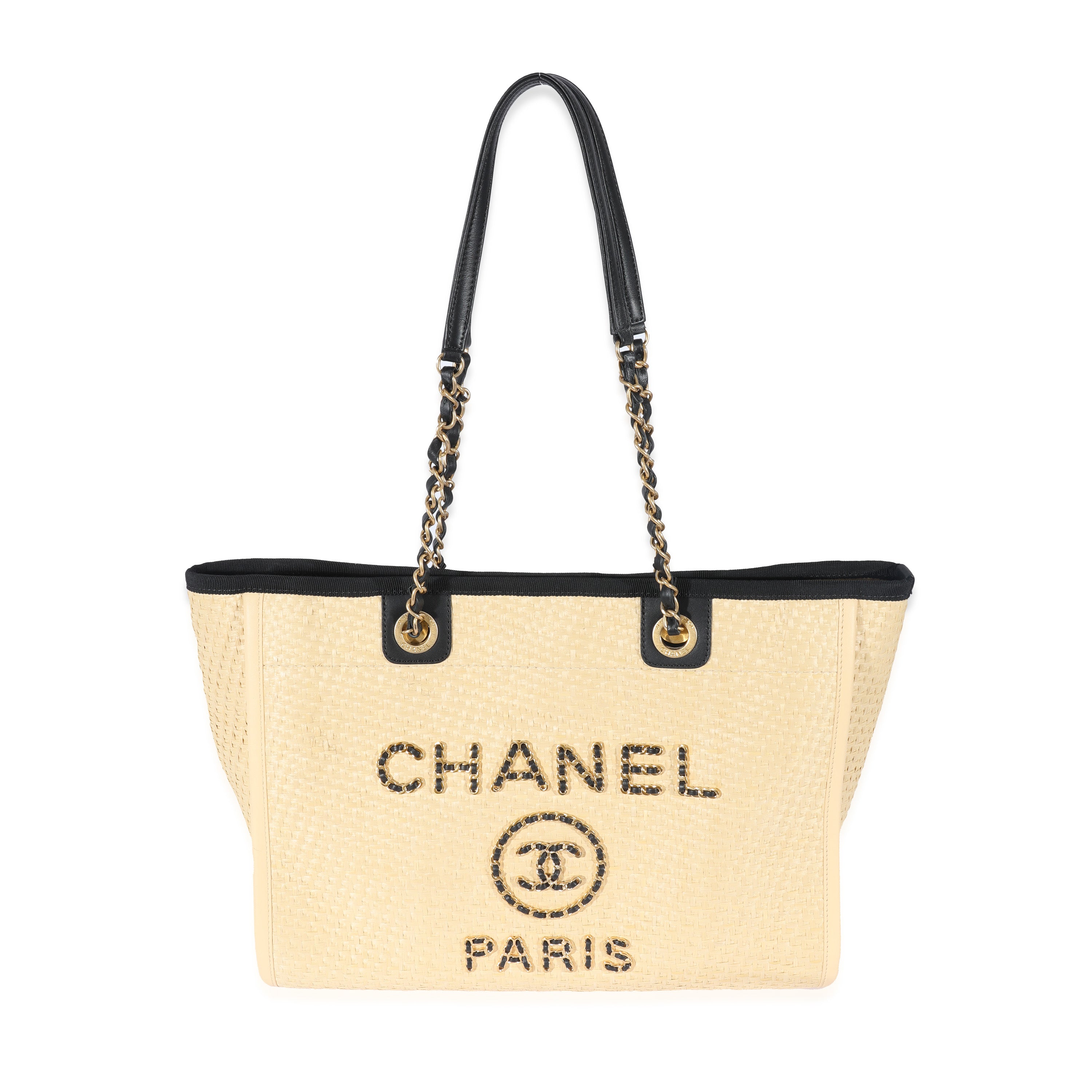 Chanel White Navy Raffia 'Deauville Large' Shopper bag