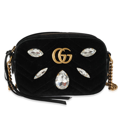 Gucci Black Velvet Marquise Crystals Marmont Mini Bag