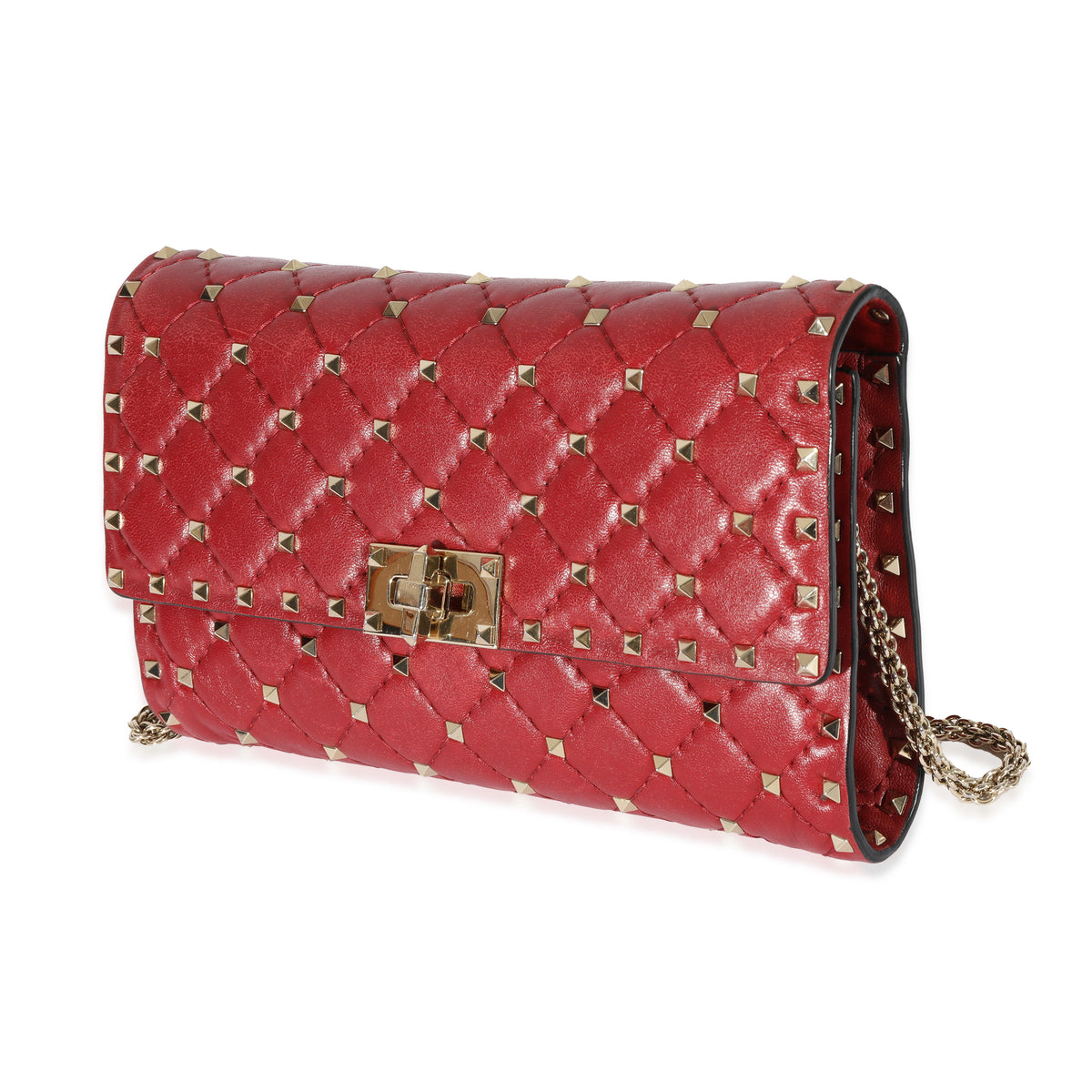 Valentino Red Leather Rockstud Spike Chain Wallet