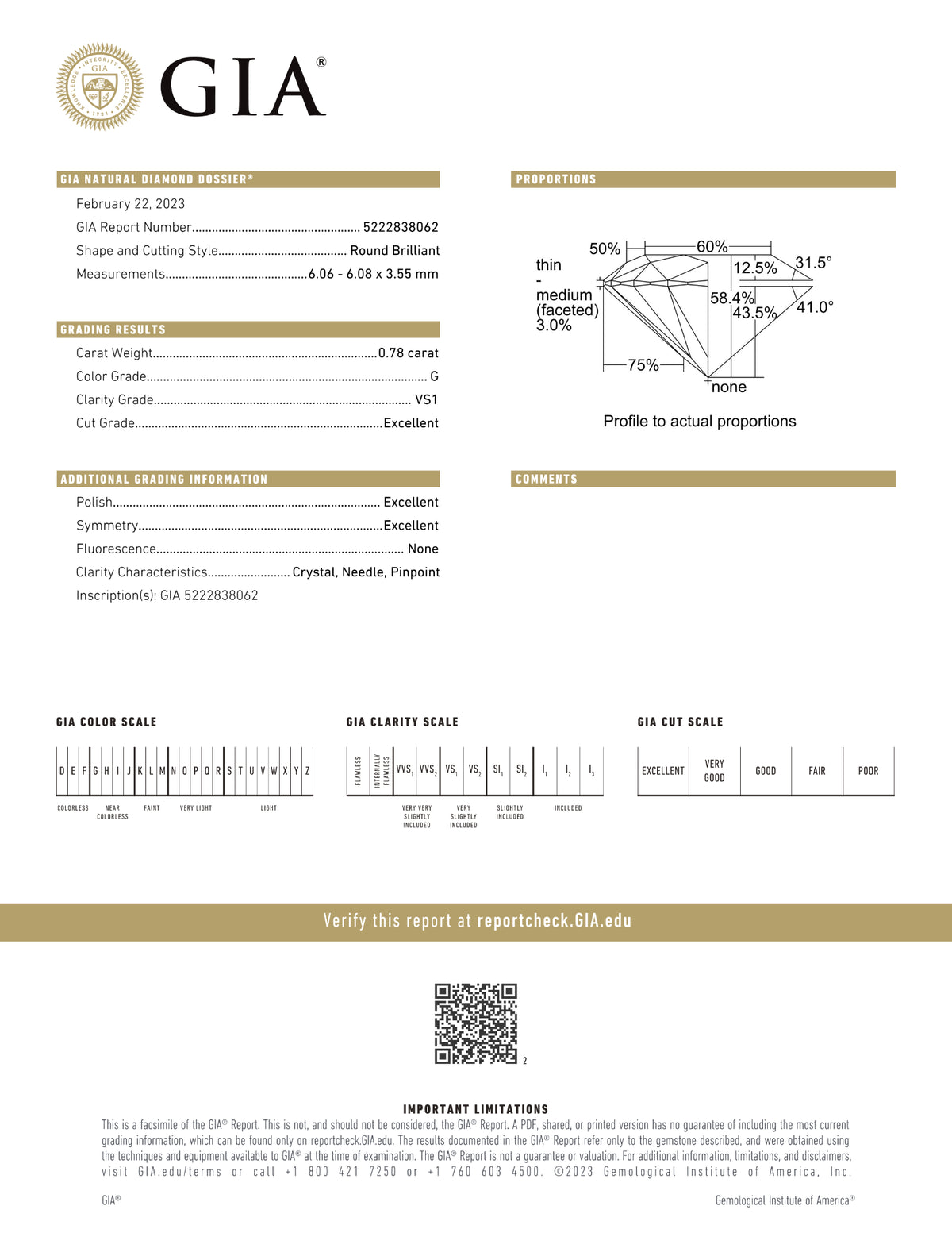 GIA Certified 0.78 Ct Round cut G VS1 Loose Diamond