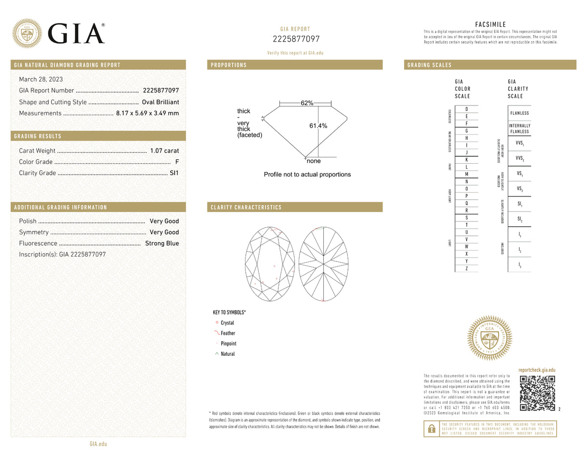 GIA Certified 1.07 Ct Oval cut F SI1 Loose Diamond