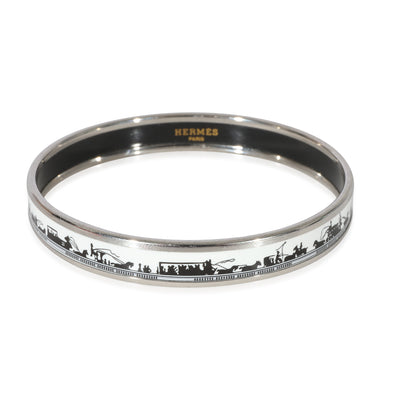 Hermes Palladium Plated Narrow White Enamel Bangle With Horse & Carriage (67MM)