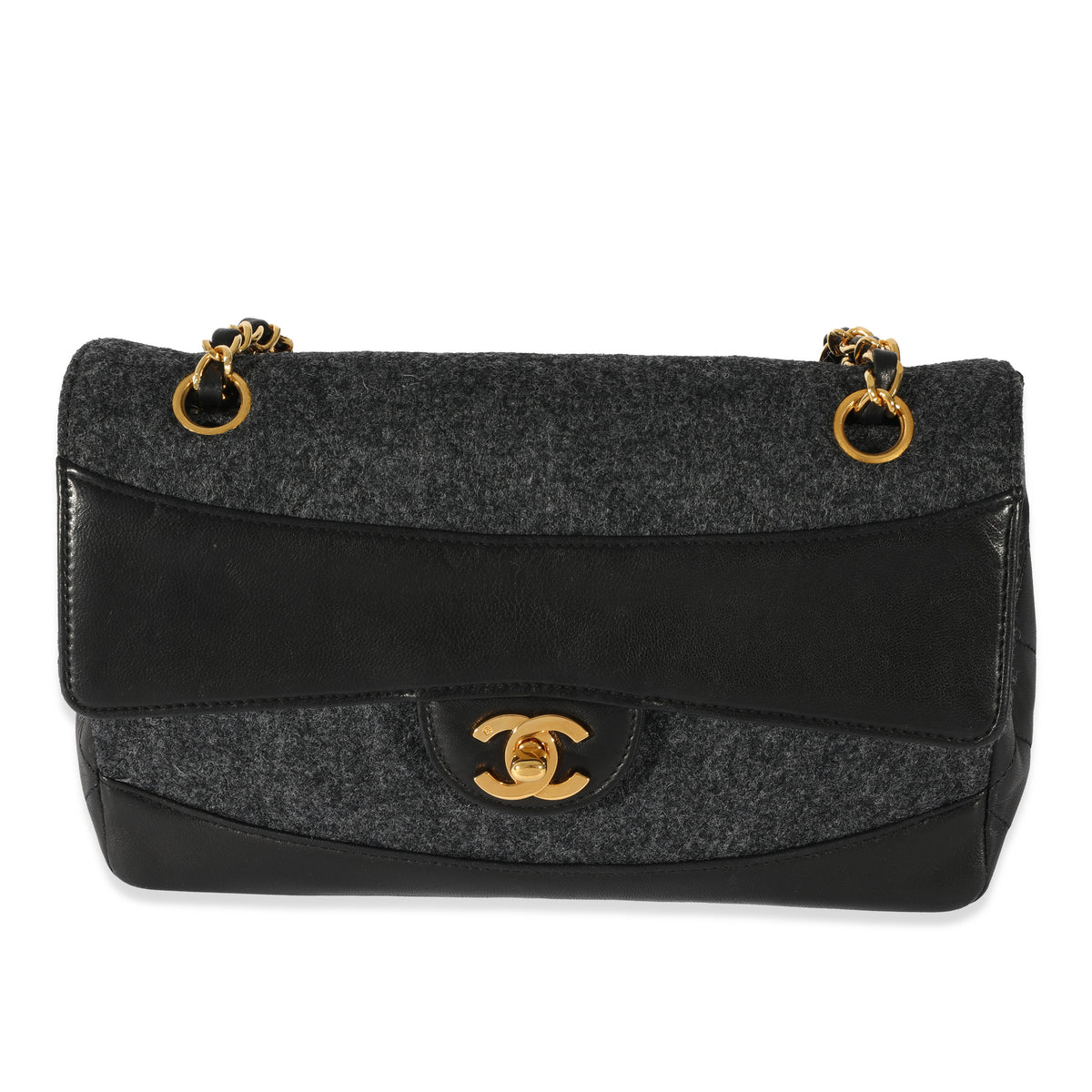 Chanel Vintage Black Lambskin & Grey Felt Classic Flap Bag