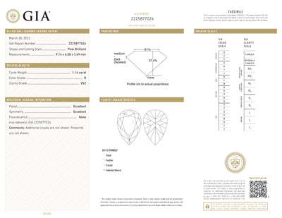 GIA Certified 1.16 Ct Pear cut H VS2 Loose Diamond