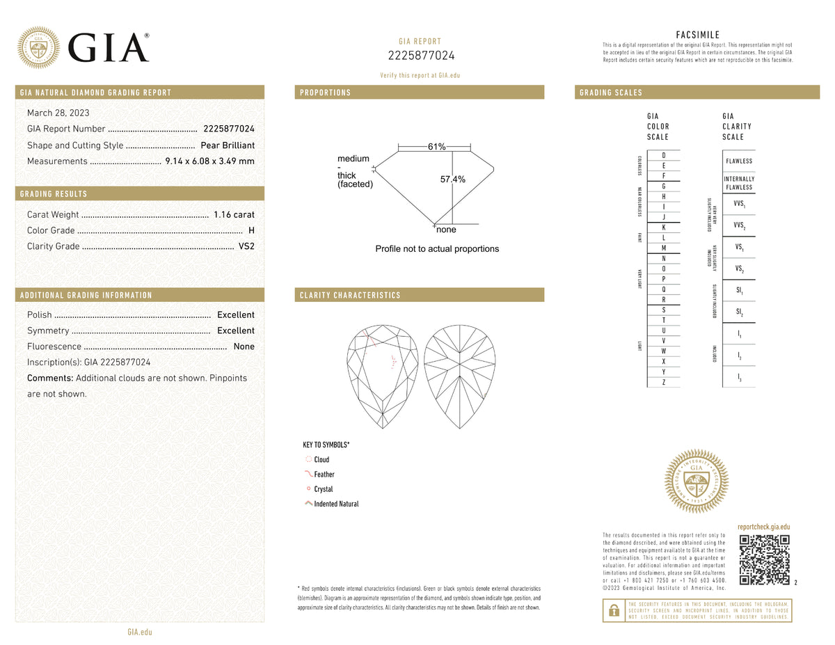 GIA Certified 1.16 Ct Pear cut H VS2 Loose Diamond