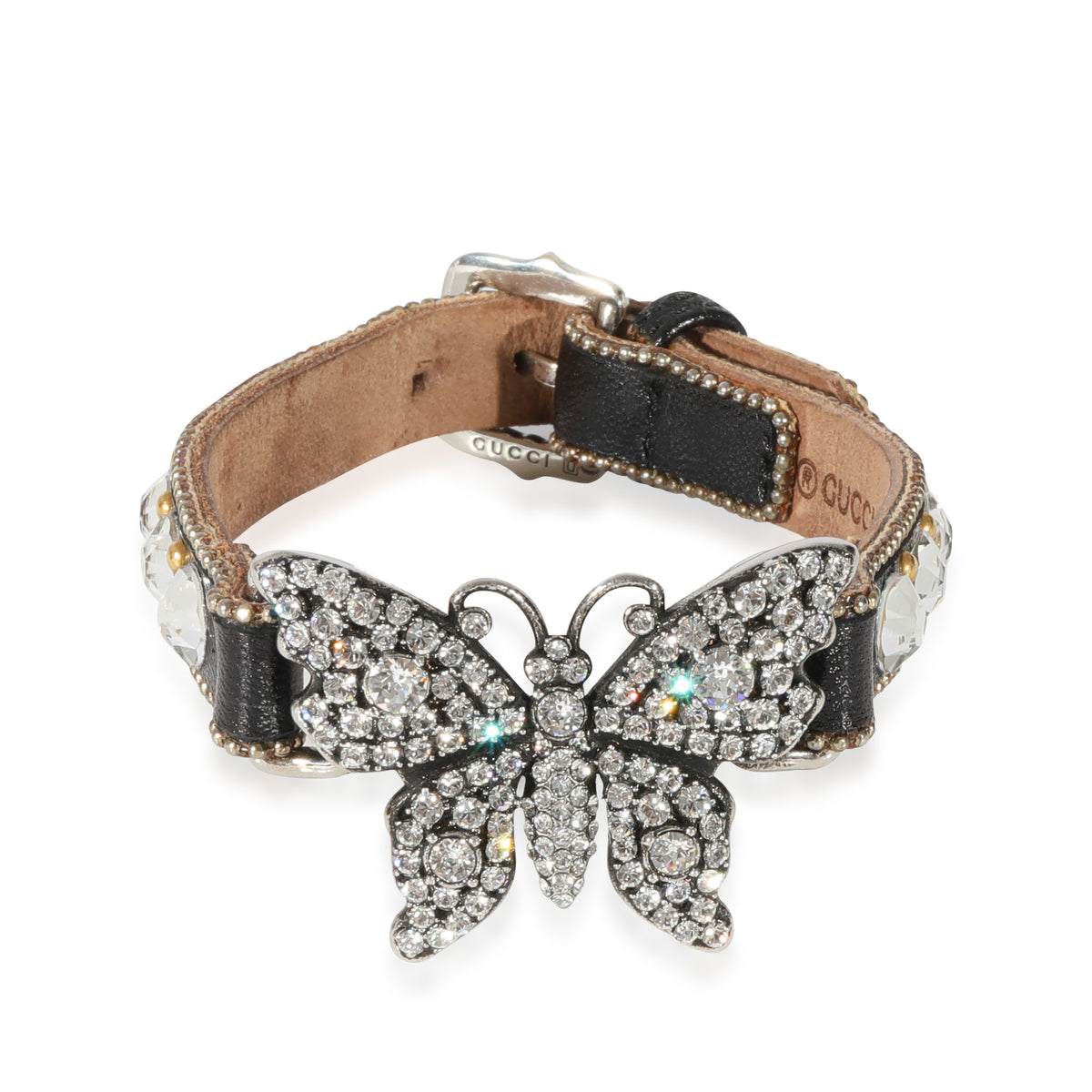 Gucci Leather & Crystal Butterfly Bracelet with Buckle Closure