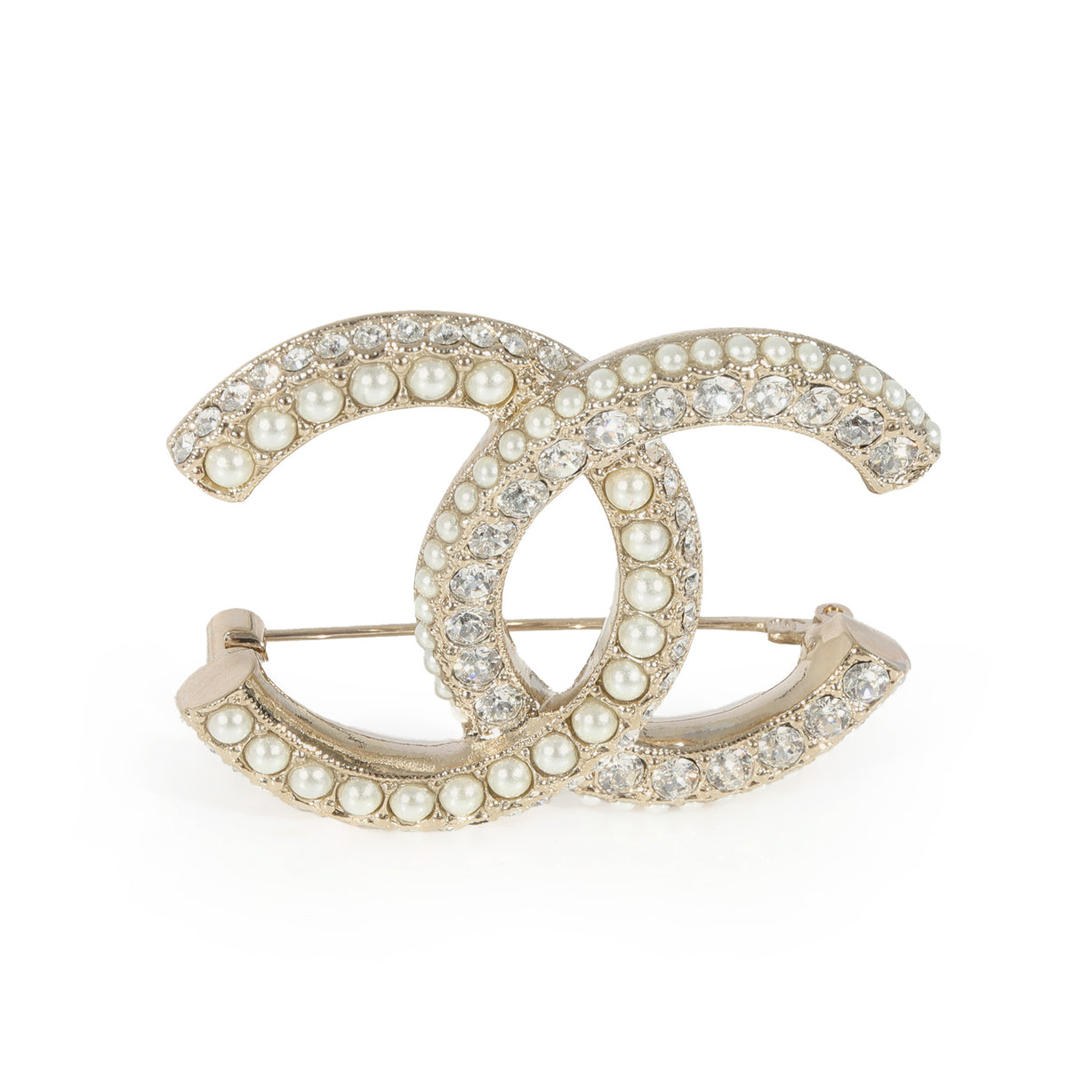Chanel Gold Tone CC Faux Pearl & Strass Brooch
