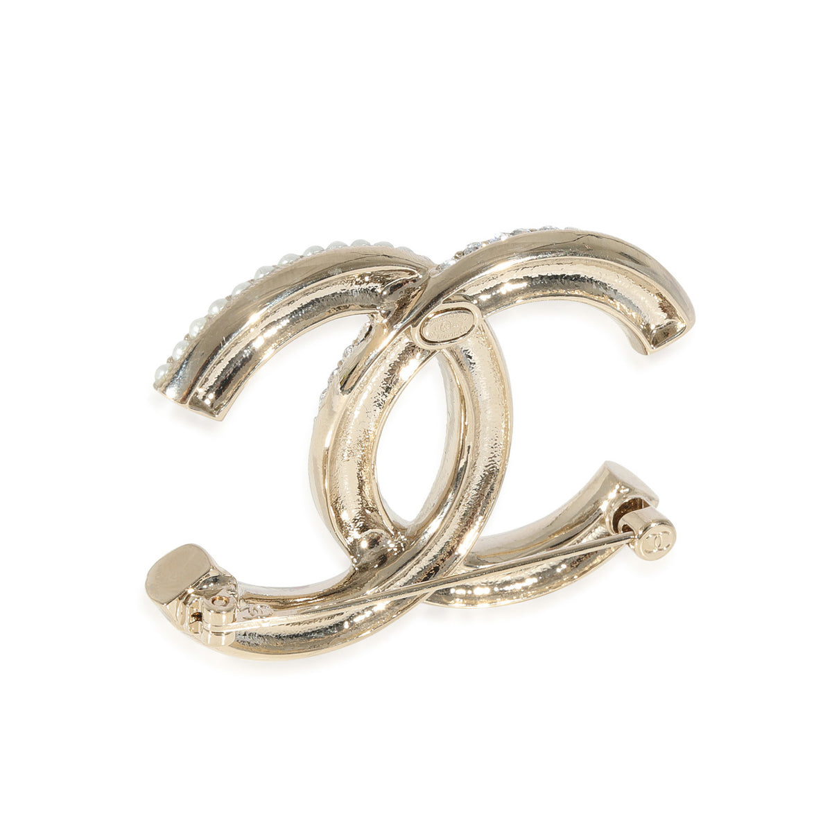 Chanel Gold Tone CC Faux Pearl & Strass Brooch