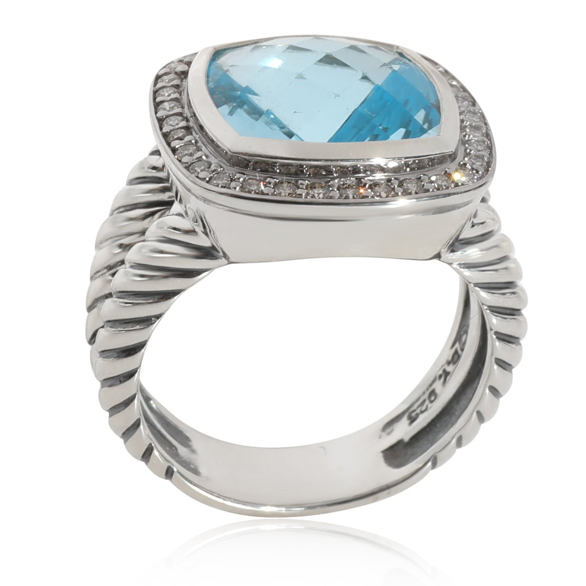 David Yurman Albion Blue Topaz Diamond Ring in Sterling Silver 0.22 CTW