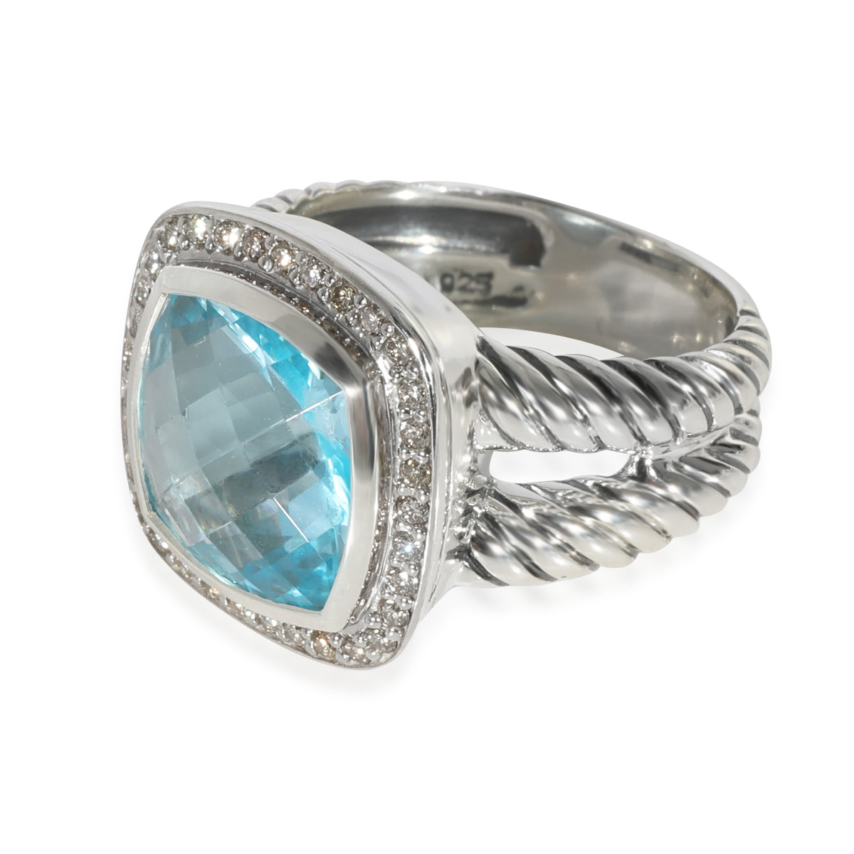 David Yurman Albion Blue Topaz Diamond Ring in Sterling Silver 0.22 CTW