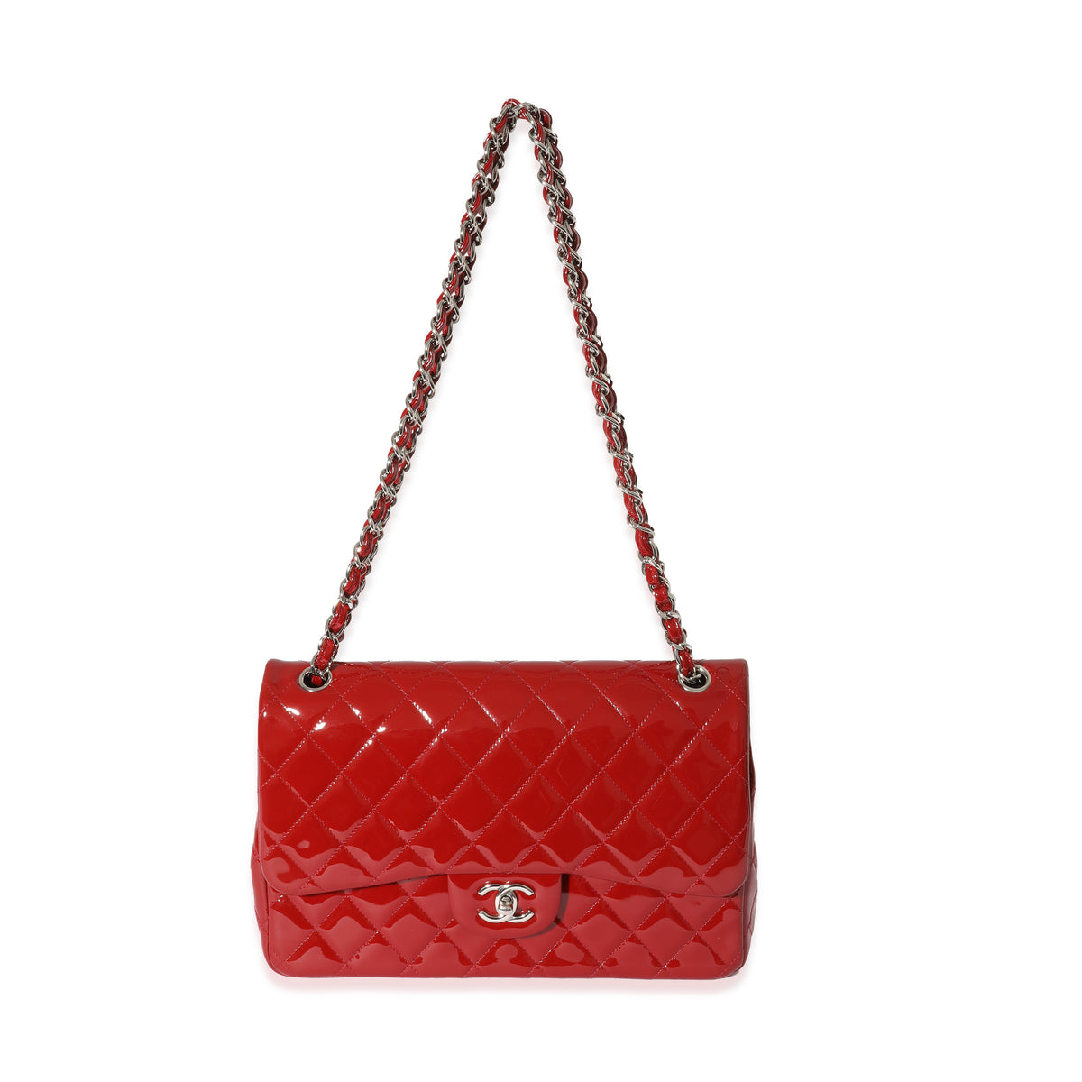 Chanel Red Quilted Patent Leather Jumbo Double Flap Bag