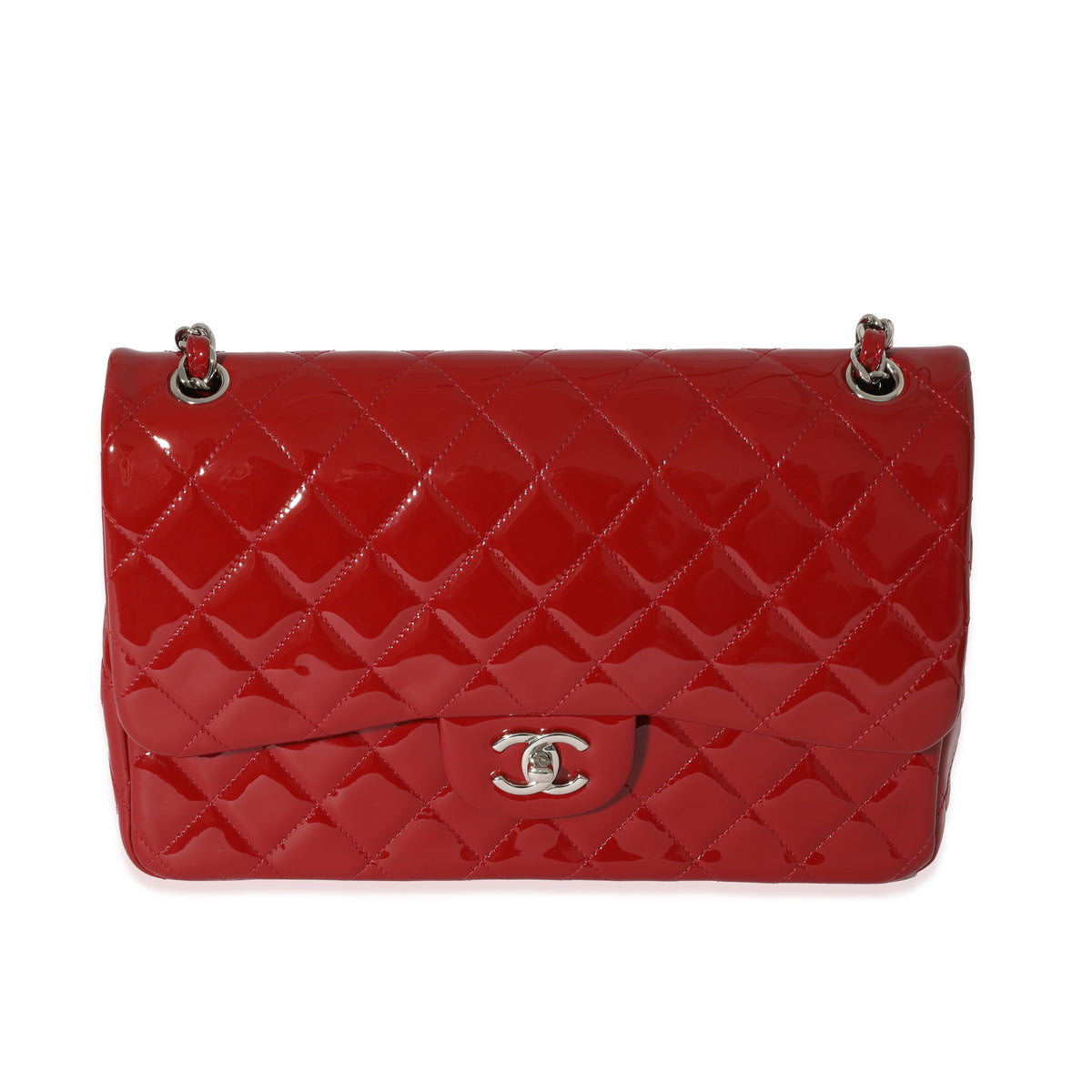 Chanel Red Quilted Patent Leather Jumbo Double Flap Bag