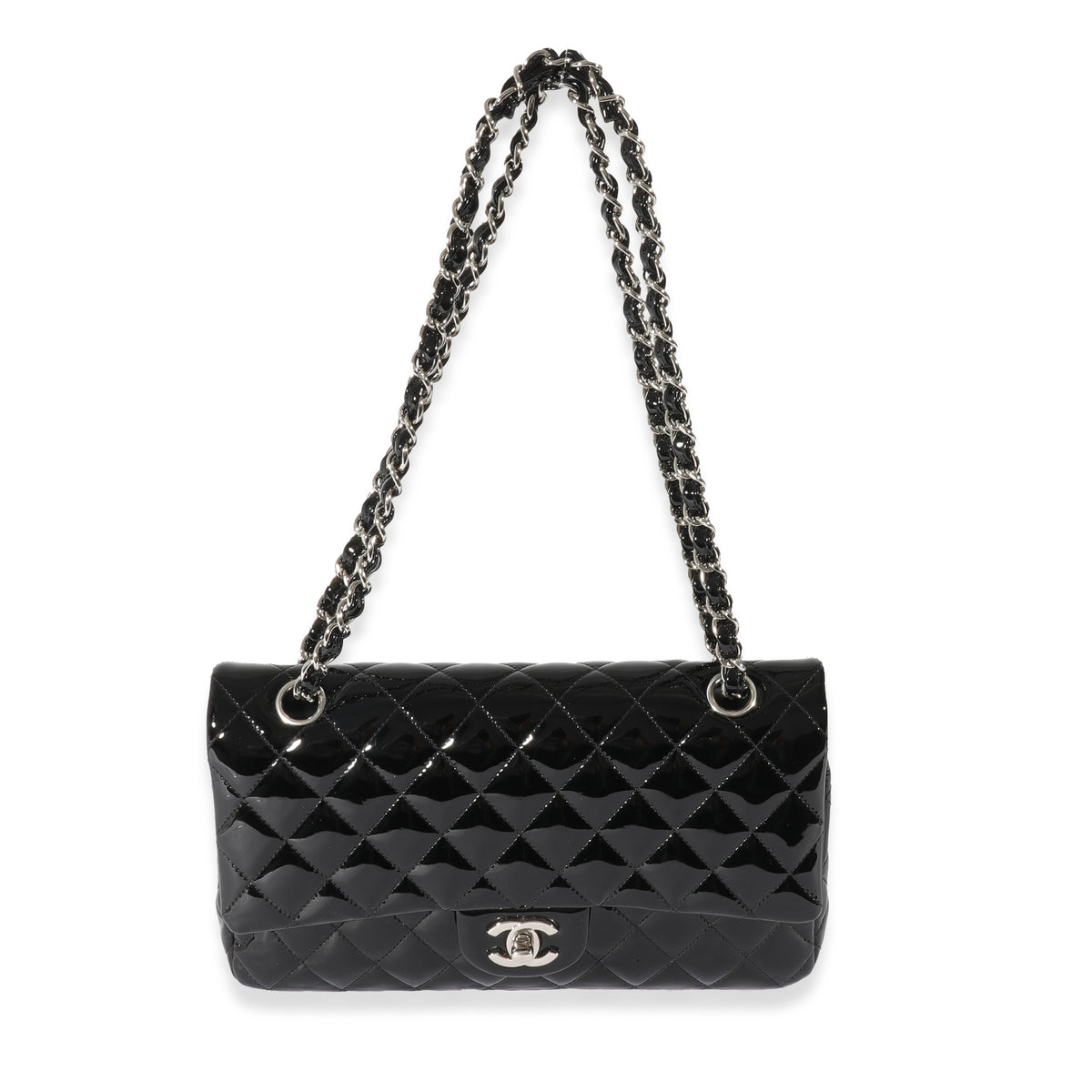 Chanel Black Patent Leather Classic Medium Double Flap Bag