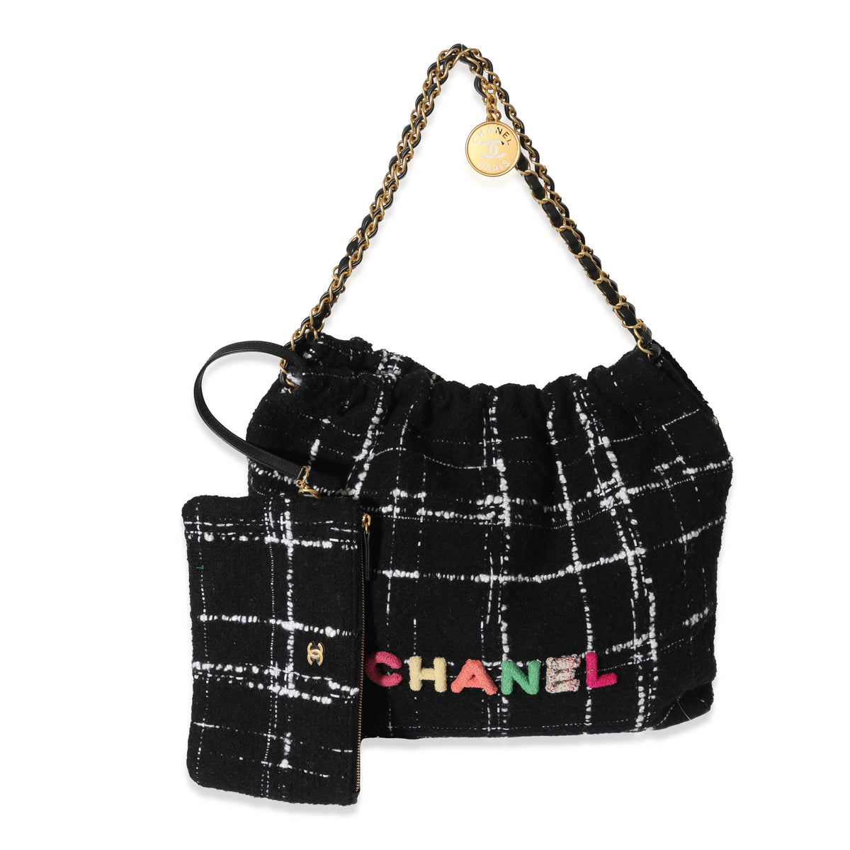 CHANEL 22 Small Chain Shoulder Bag Tweed Leather AS3260 Multicolor 90195896