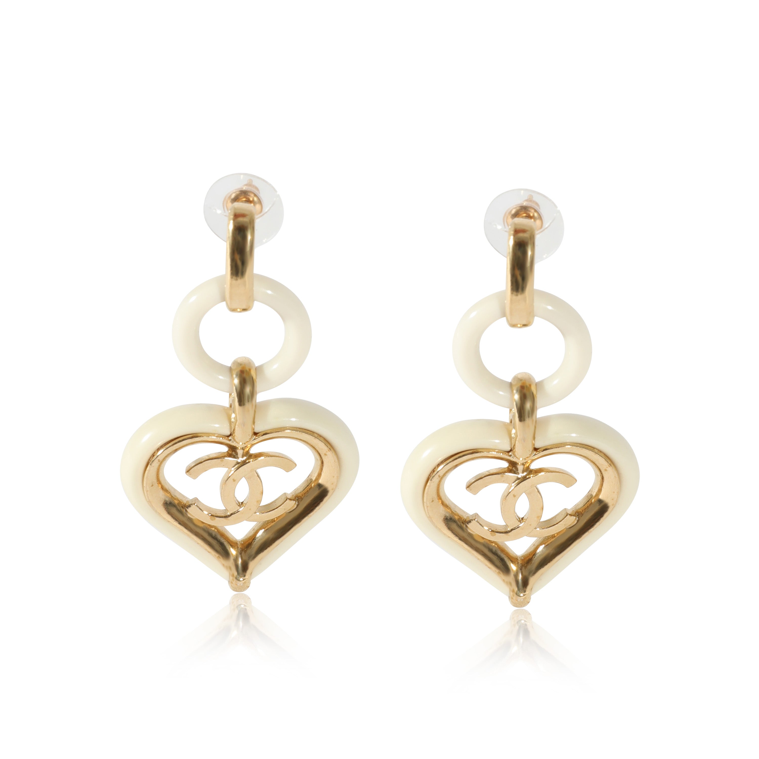Chanel 2019 White Enamel Heart CC Drop Gold Plated Earrings