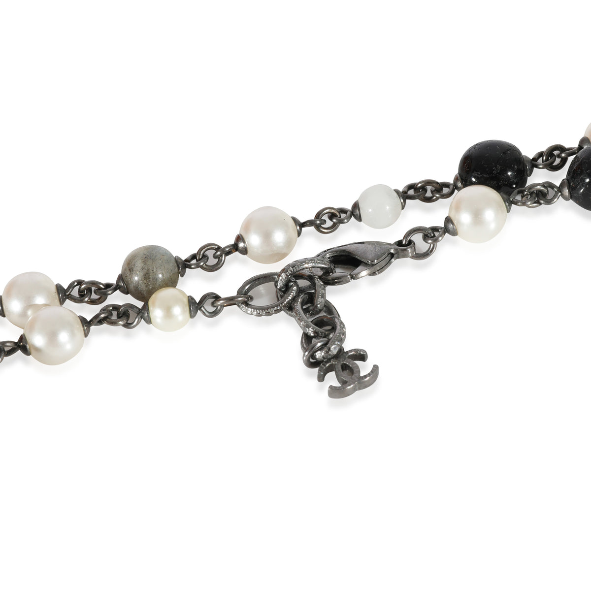 Chanel 2015 Faux Pearl Grey & Black Bead CC Ruthenium Necklace