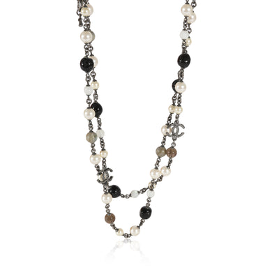 Chanel 2015 Faux Pearl Grey & Black Bead CC Ruthenium Necklace