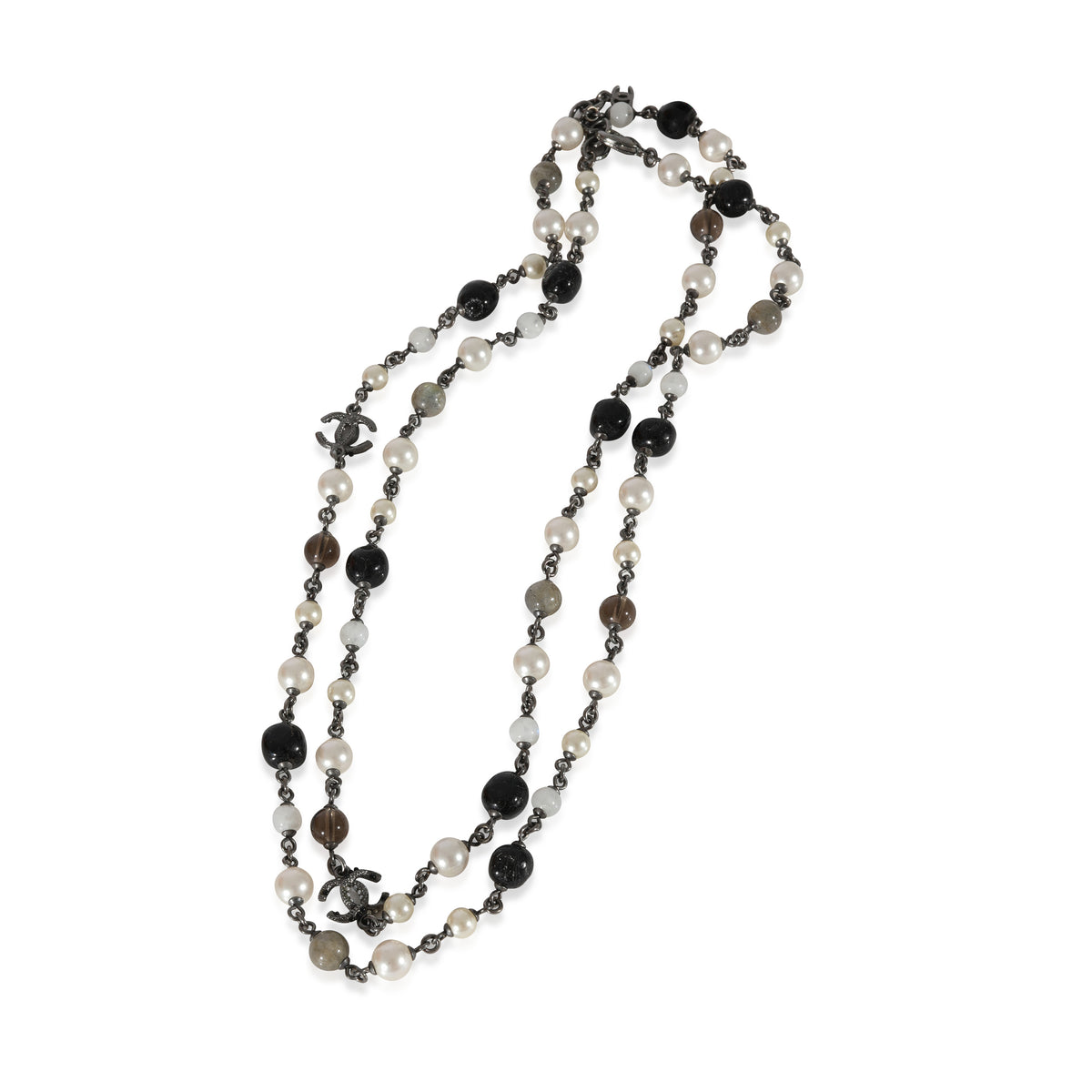 Chanel 2015 Faux Pearl Grey & Black Bead CC Ruthenium Necklace