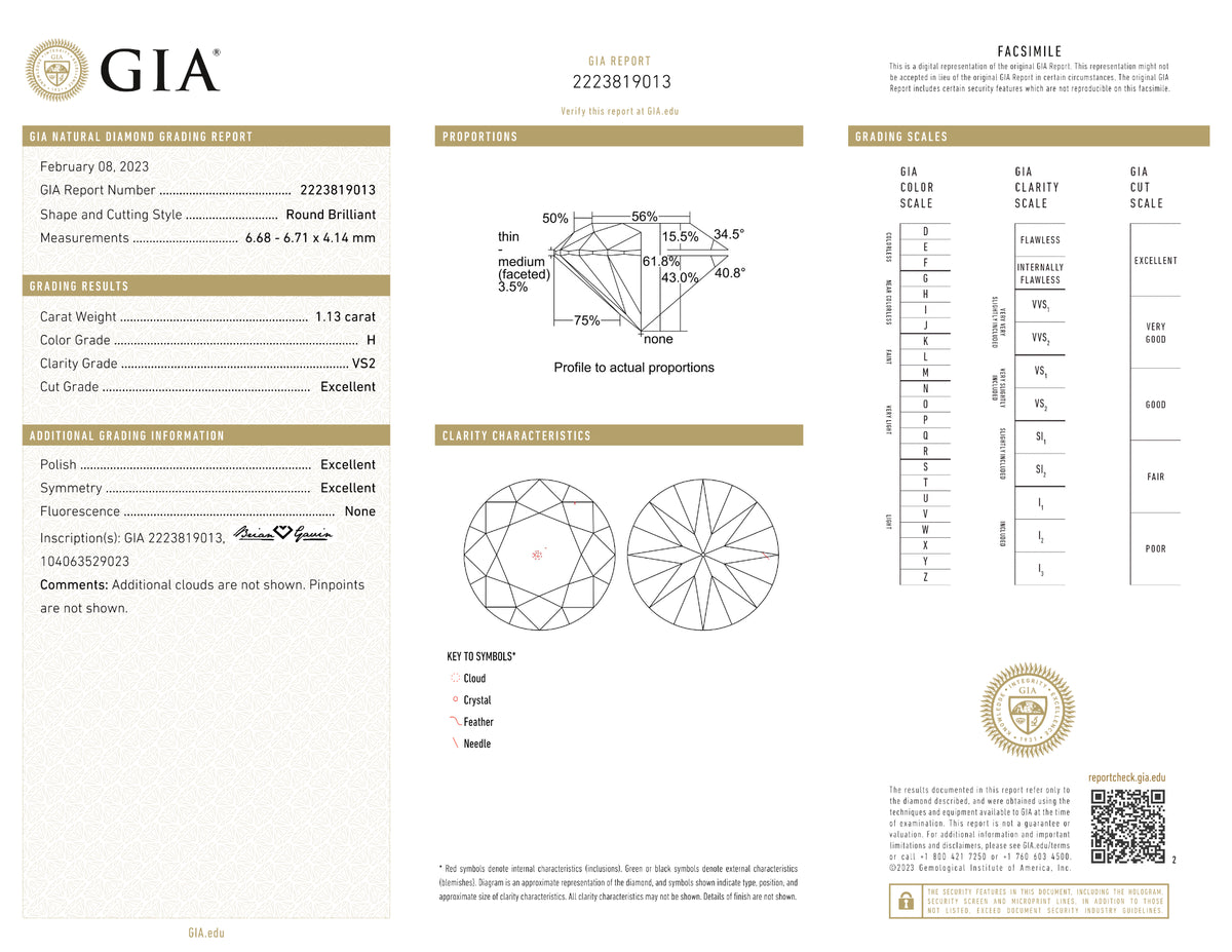 GIA Certified 1.13 Ct Round cut H VS2 Loose Diamond