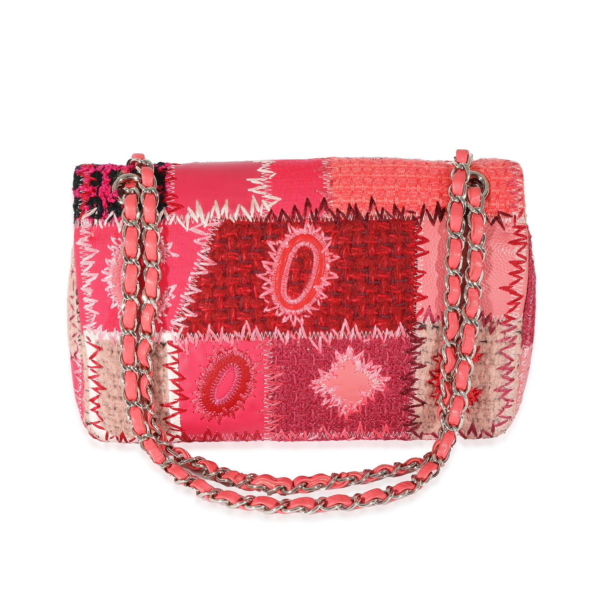 Chanel Medium Flap Bag Pink Patchwork Tweed Silver Hardware