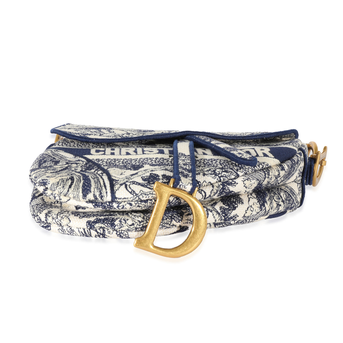 Christian Dior Blue Toile de Jouy Saddle Bag Embroidery Canvas Shoulder Bag