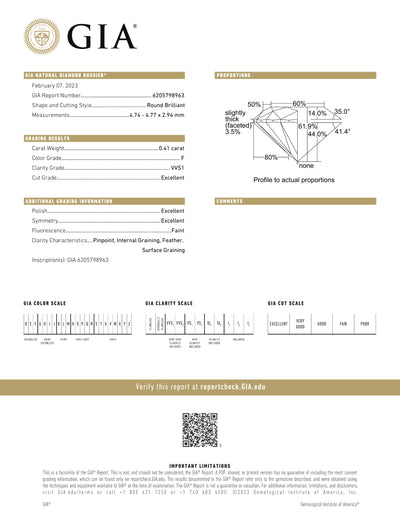 GIA Certified 0.41 Ct Round cut F VVS1 Loose Diamond