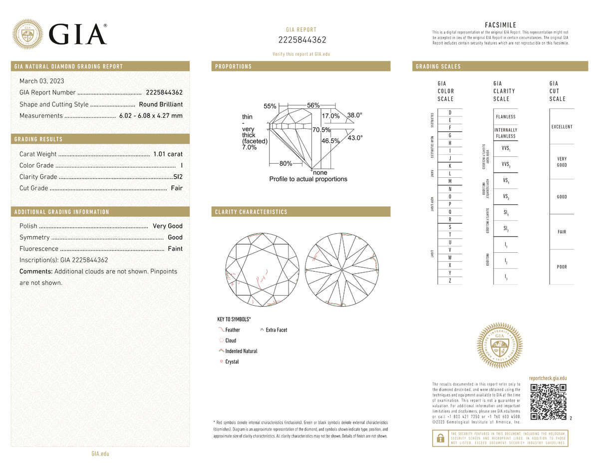 GIA Certified 1.01 Ct Round cut I SI2 Loose Diamond