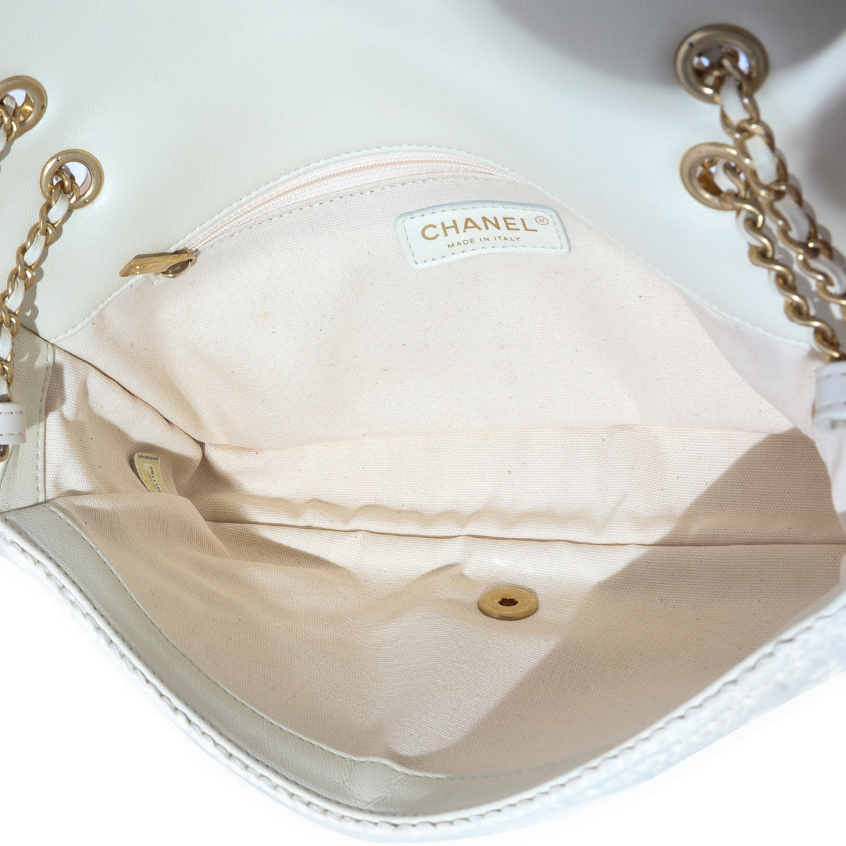 Celine White Tan Triomphe Canvas Clutch With Chain, myGemma, NZ