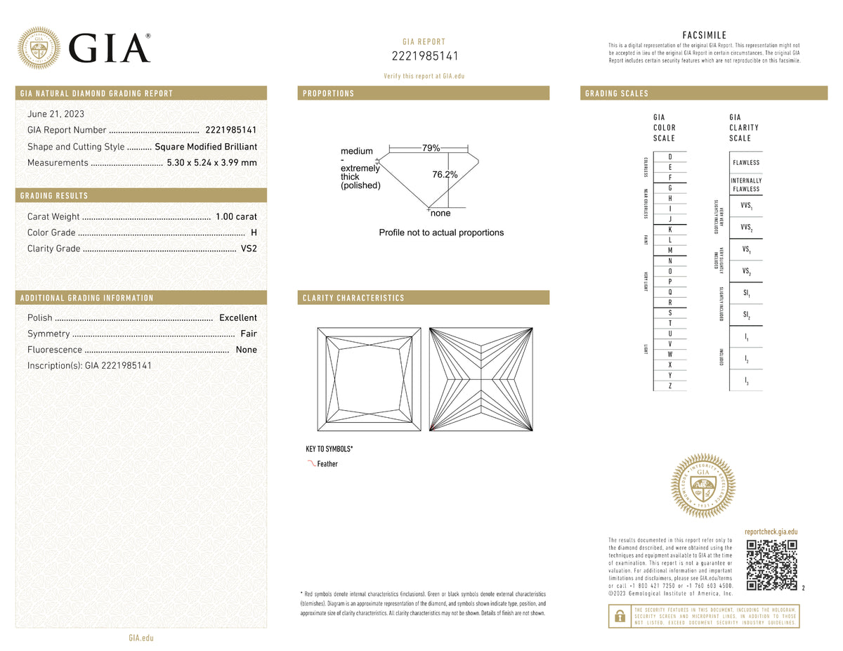 GIA Certified 1.00 Ct Princess cut H VS2 Loose Diamond