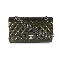 Chanel Green Patent Stripe Medium Classic Flap