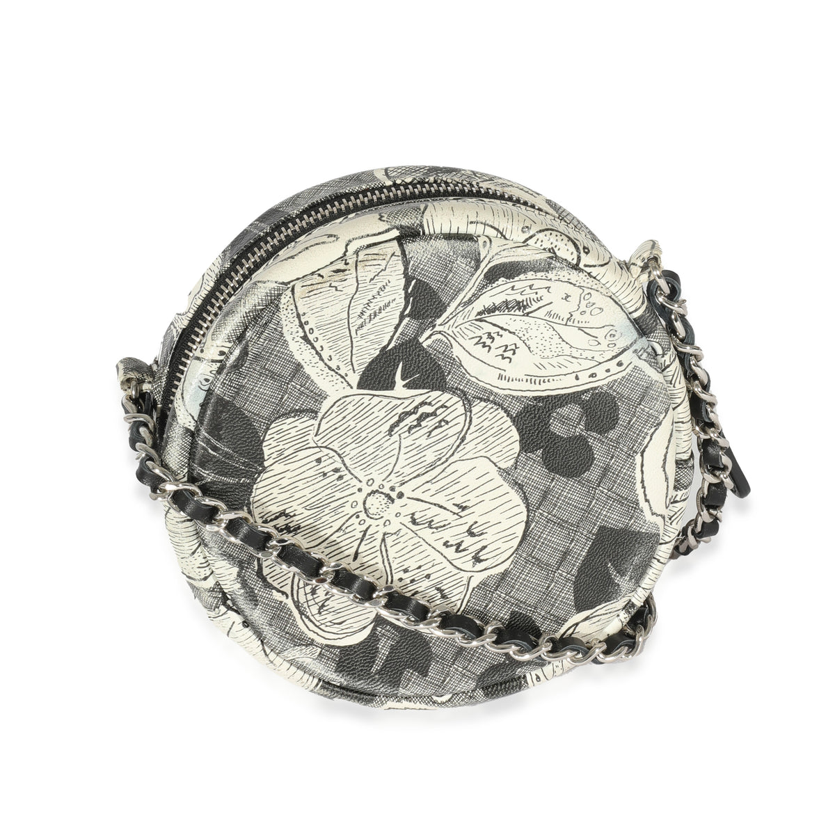 Chanel Black White Lambskin Floral CC Round Clutch With Chain