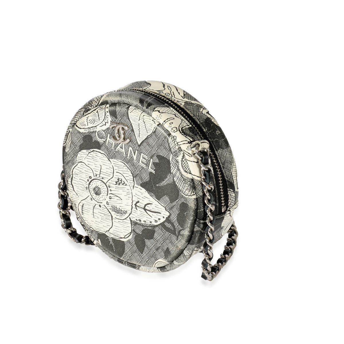 Chanel Black White Lambskin Floral CC Round Clutch With Chain