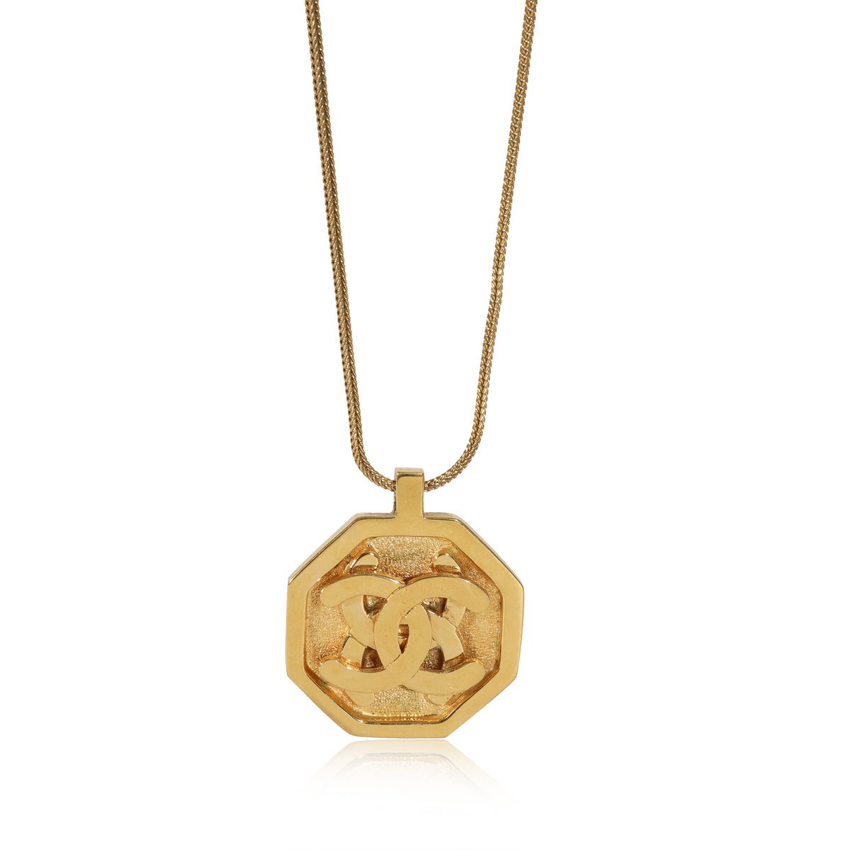 Chanel Vintage Double CC Logo Octagon Pendant on Woven Chain Gold Plated