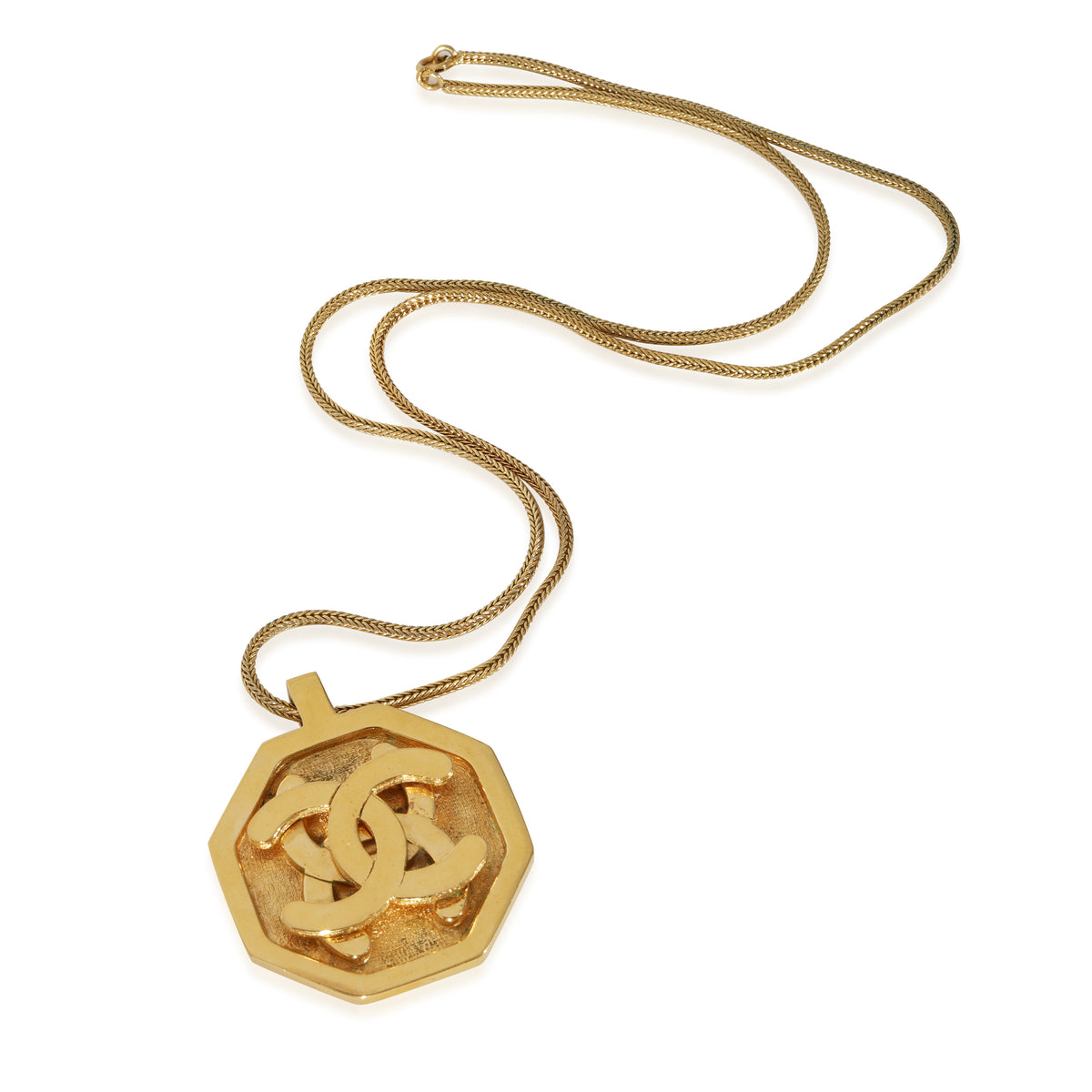 Chanel Vintage Double CC Logo Octagon Pendant on Woven Chain Gold Plated
