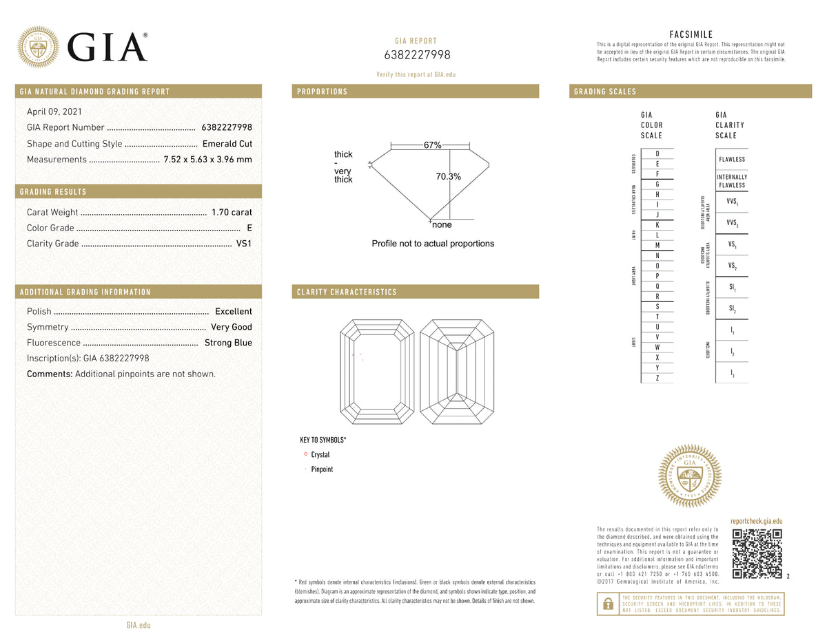 GIA Certified 1.70 Ct Emerald cut E VS1 Loose Diamond