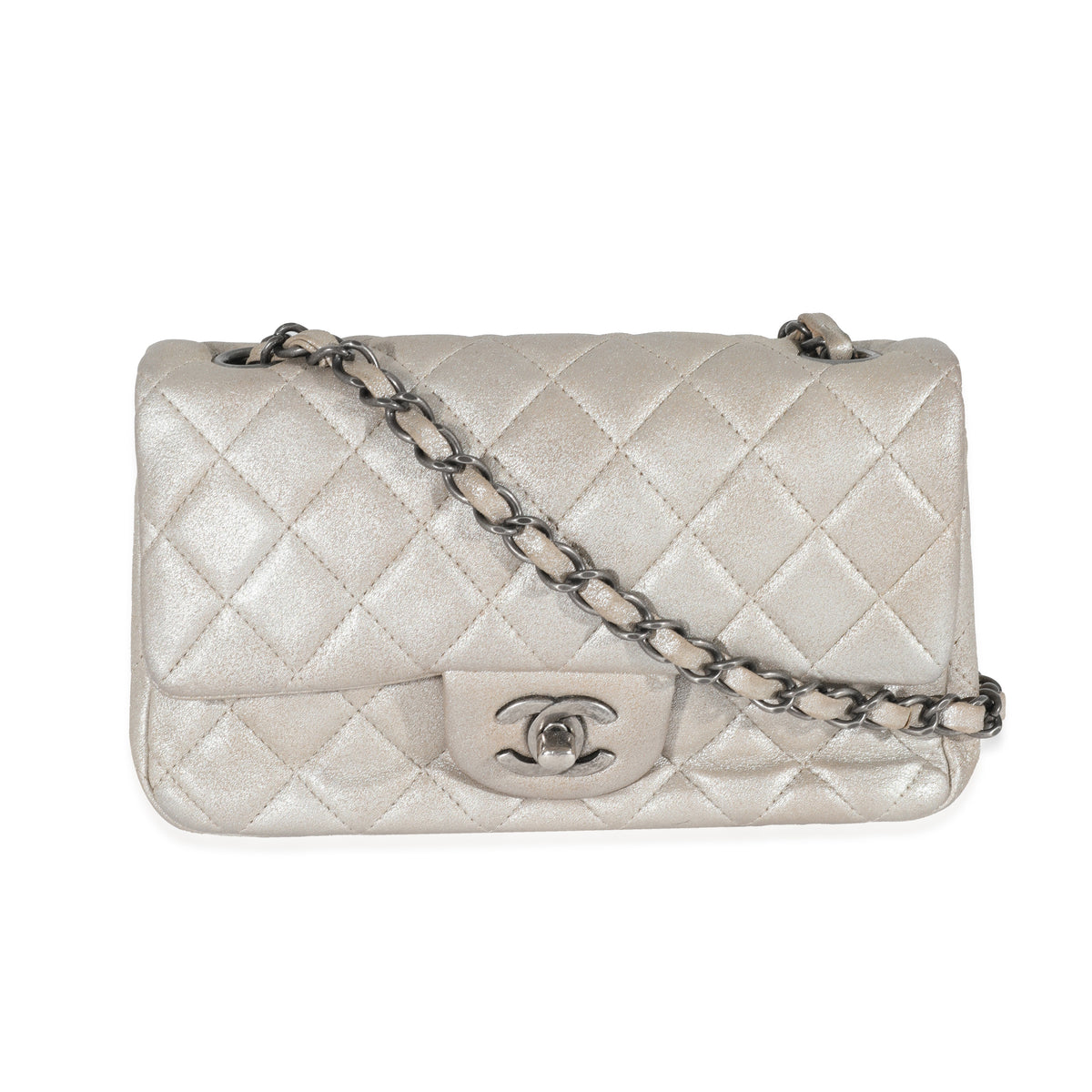 Chanel Silver Metallic Nubuck Rectangular Mini Flap