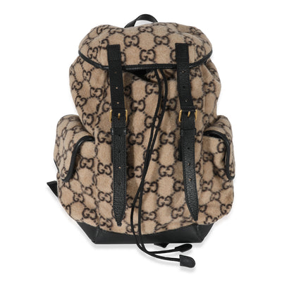 Gucci Beige Black Wool GG Double Pocket Buckle Backpack