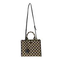 Prada Small Black Beige Embroidered Canvas Symbole Tote