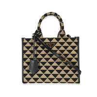 Prada Small Black Beige Embroidered Canvas Symbole Tote