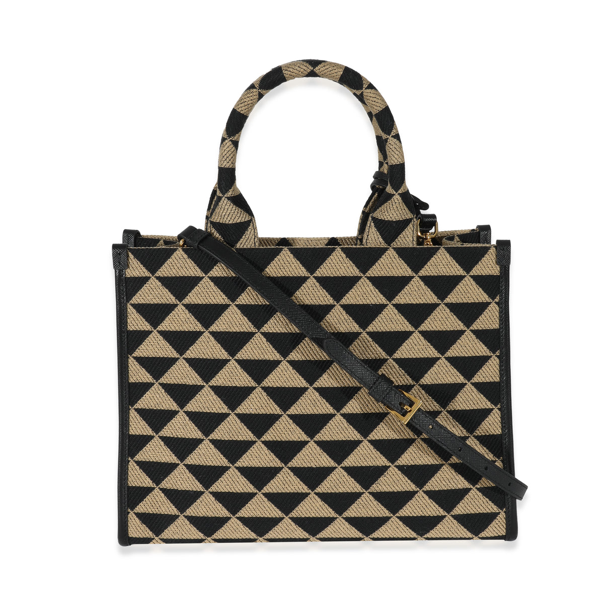 Prada Small Black Beige Embroidered Canvas Symbole Tote